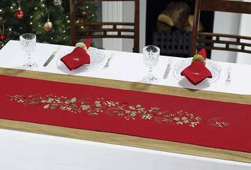 Embroidered holly berry runner red - Walton & Co 