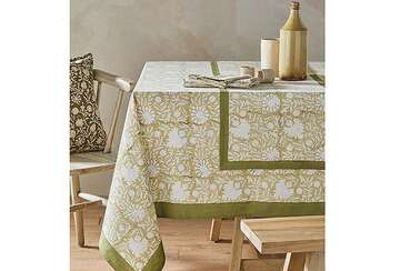 Elise handblock print tablecloth olive (180x270cm) - Walton & Co 